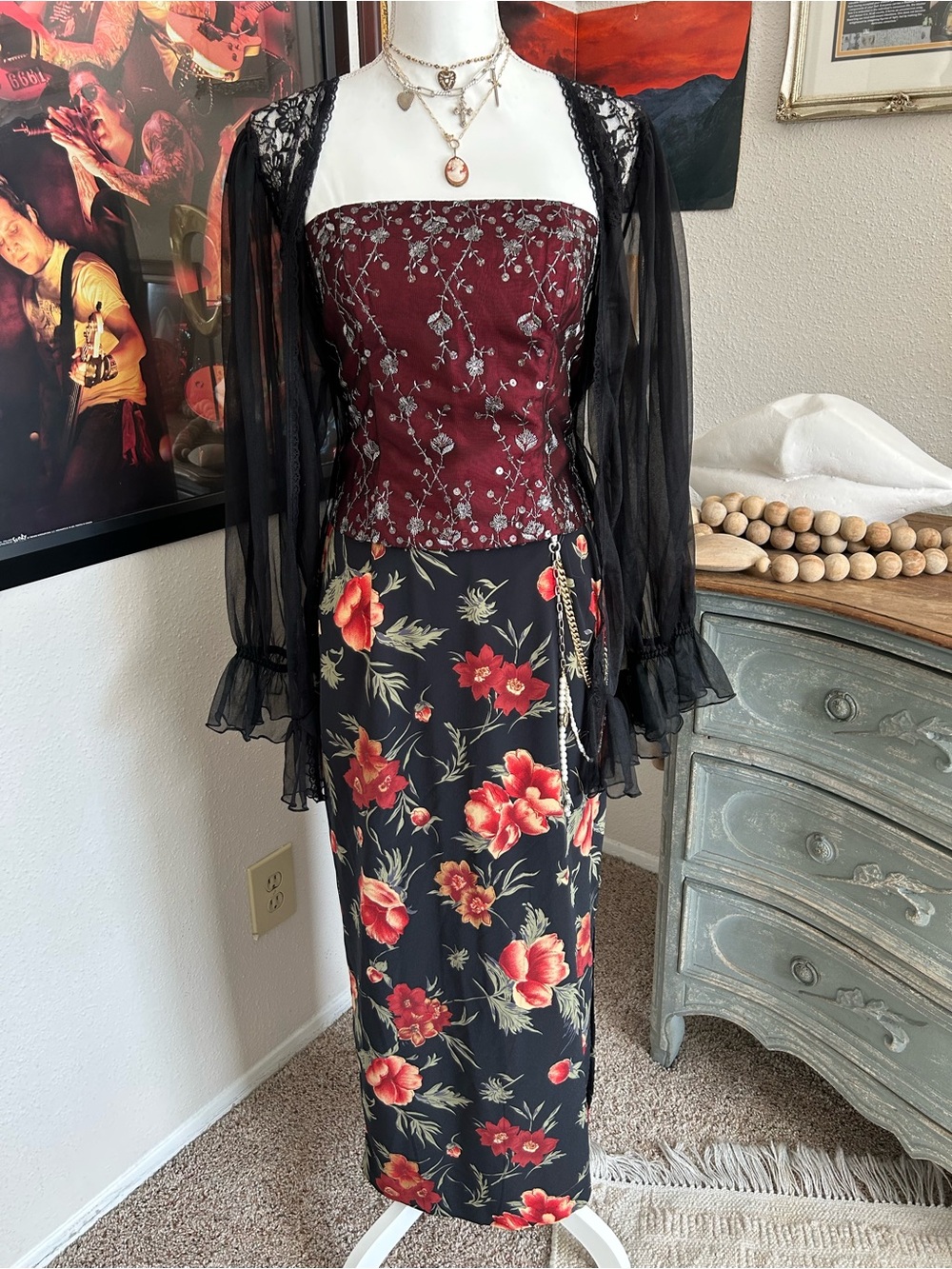 Vintage 90s Floral Skirt Size M Black Floral Slit Whimsigoth Dark Fairy Grunge